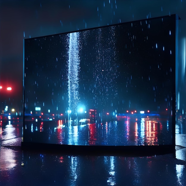 wet Black mirror screen with red and blue light reflections and rain on it