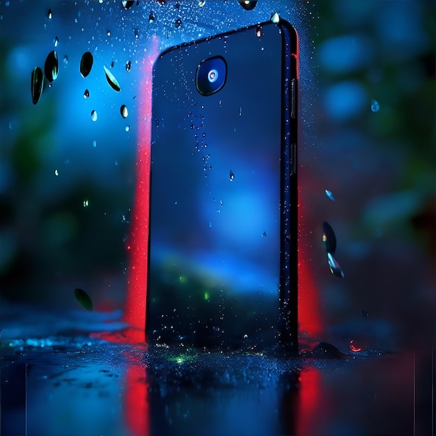 Wet Black smartphone back with red and blue light reflections and rain on it