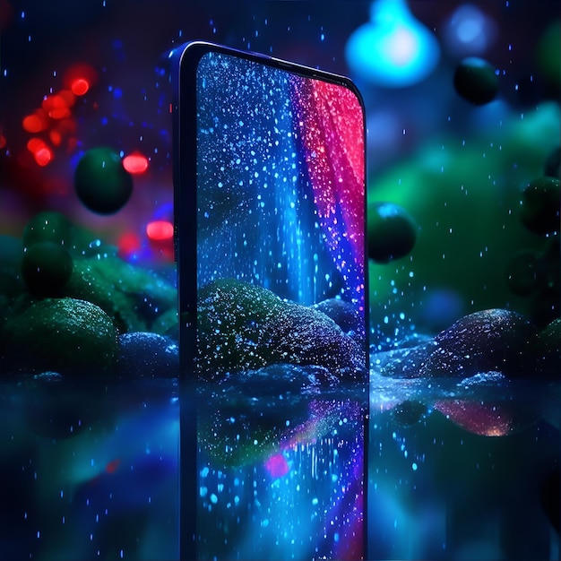 Photo wet black smartphone screen with red and blue light reflections and rain on it