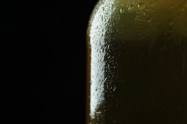 Wet bottle of beer against black, close up