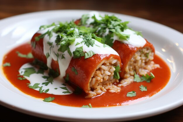 Foto burrito bagnato in salsa di pomodoro guarnito con crema