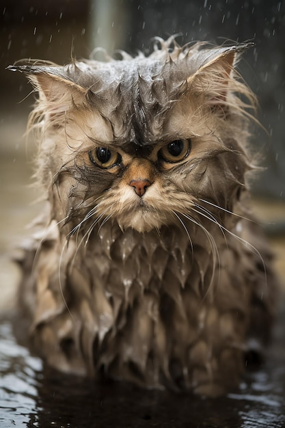 A wet cat is sitting in the rain.