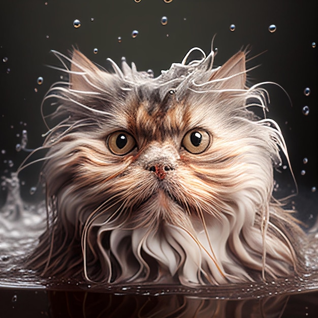 Wet cat sits in a bath in soapy foam with bubbles, pet cat bathing