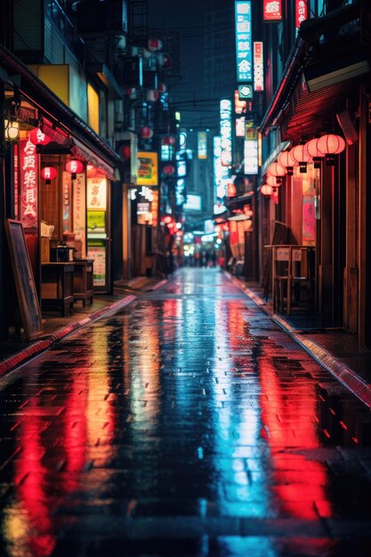 Premium AI Image | a wet city street at night with neon lights