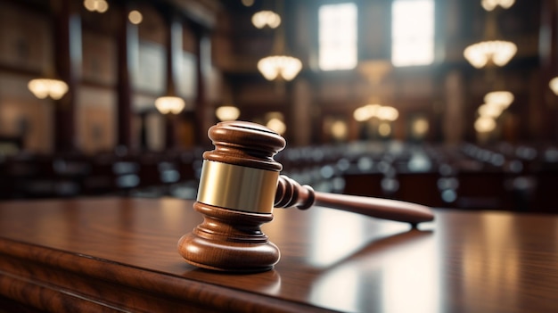 wet concept hamer en rechter op houten achtergrond in de rechtszaal