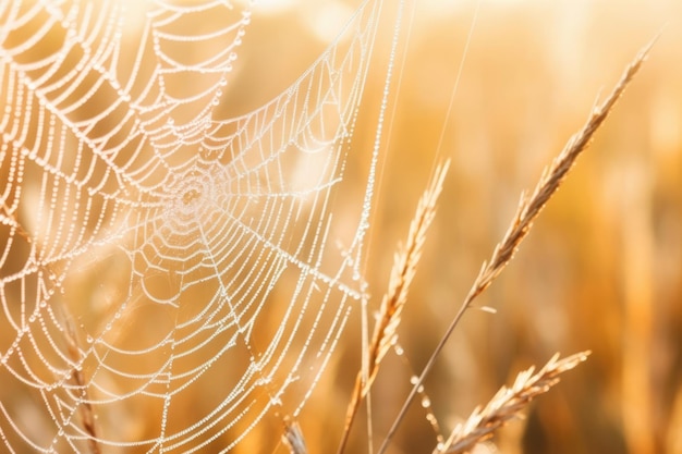 Wet dew morning macro sunlight spider nature web water net closeup