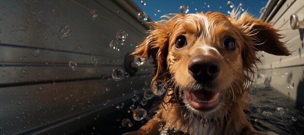 Photo wet dog bathes in the bath generative ai