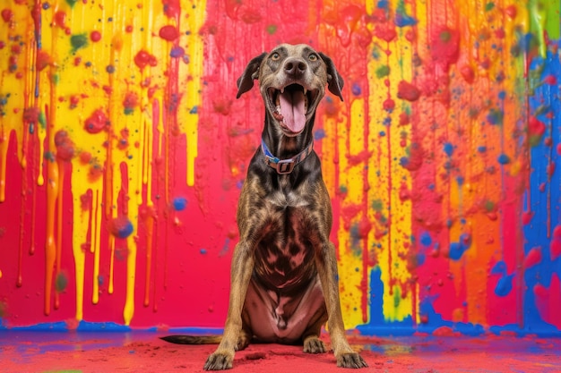 Foto cane bagnato che trema davanti a uno sfondo colorato creato con l'intelligenza artificiale generativa