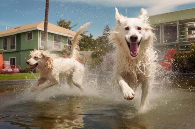 Wet dog shaking near a swimming pool water splashes around created with generative ai