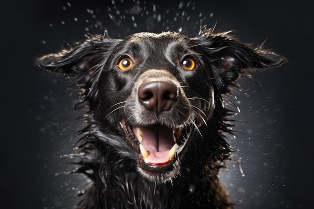 Мокрая собака дрожит в замедленной съемке, захватывая капли воды, созданные с помощью генеративного искусственного интеллекта