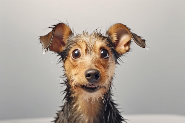 a wet dog sitting in a bathtub