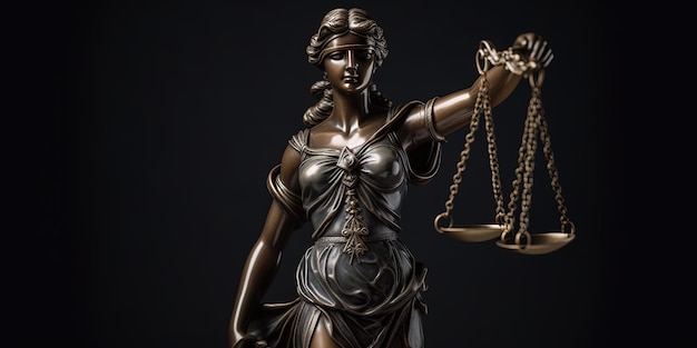 Wet en orde concept Standbeeld van Lady Justice met schalen van gerechtigheid met zwarte achtergrond