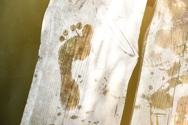 Foto impronta bagnata sul ponte di legno. foto rustica estiva.