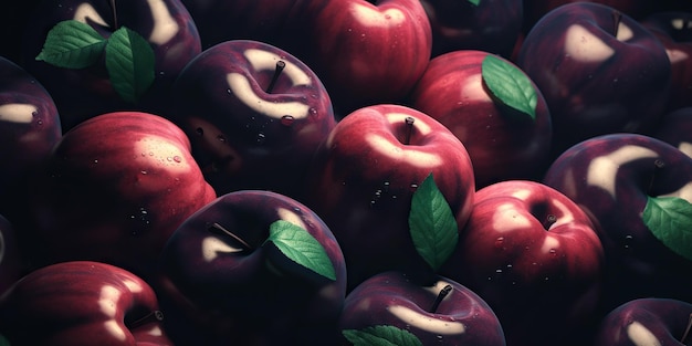 Mele fresche bagnate closeup vitamine un gran numero di mele in una scatola