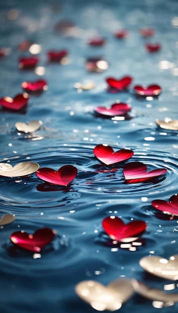 Wet heart in light blue water with water drops Valentine concept Romantic background