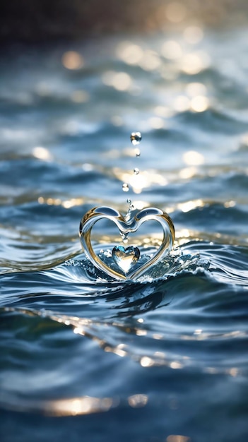 Wet heart in light blue water with water drops Valentine concept Romantic background