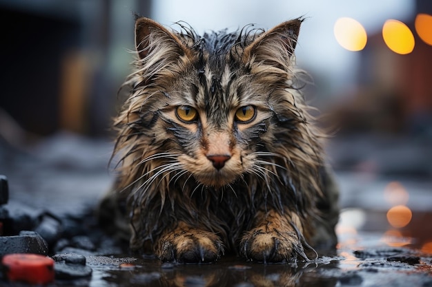Wet homeless sad adult cat on a street in the rain Lonely animal Concept of protecting homeless animals
