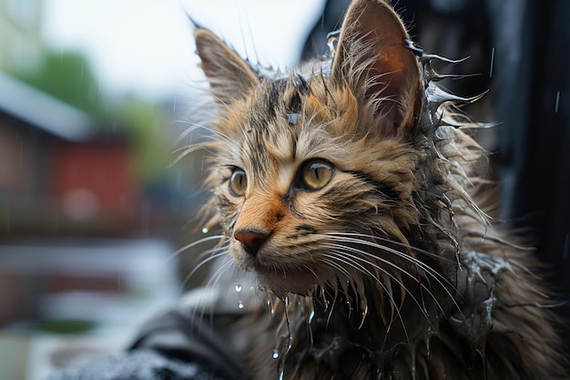 Wet homeless sad adult cat on a street in the rain Lonely animal Concept of protecting homeless animals