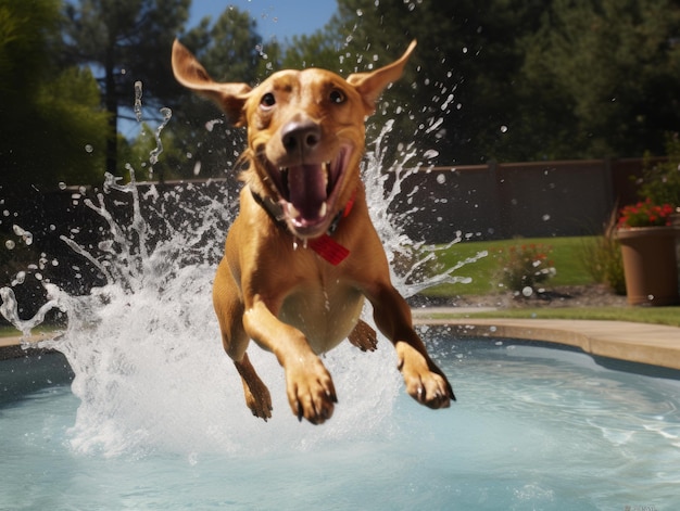 Мокрая и радостная собака прыгает в бассейн в жаркий летний день
