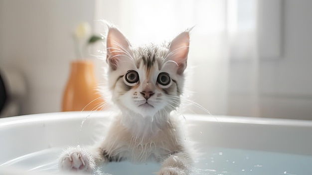 Мокрый котенок в ванне с пеной и брызгами воды крупным планом, генеративный искусственный интеллект