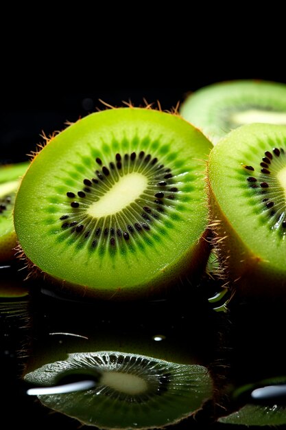 Wet kiwis on a black background Generative AI food