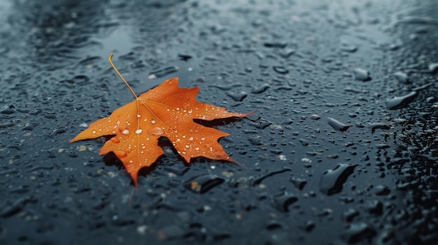 a wet leaf on the ground with rain drops on it