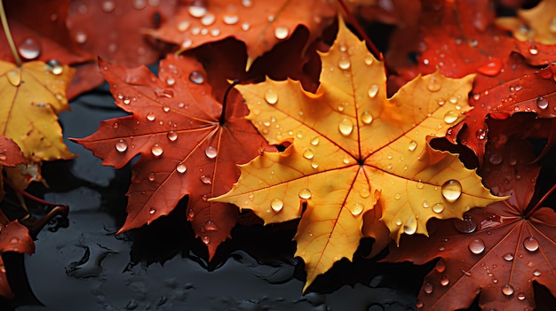 wet leaves with drops of rain