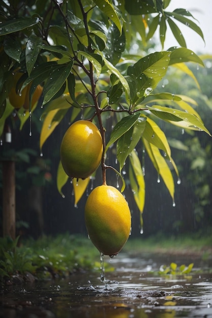 мокрое дерево манго под дождем