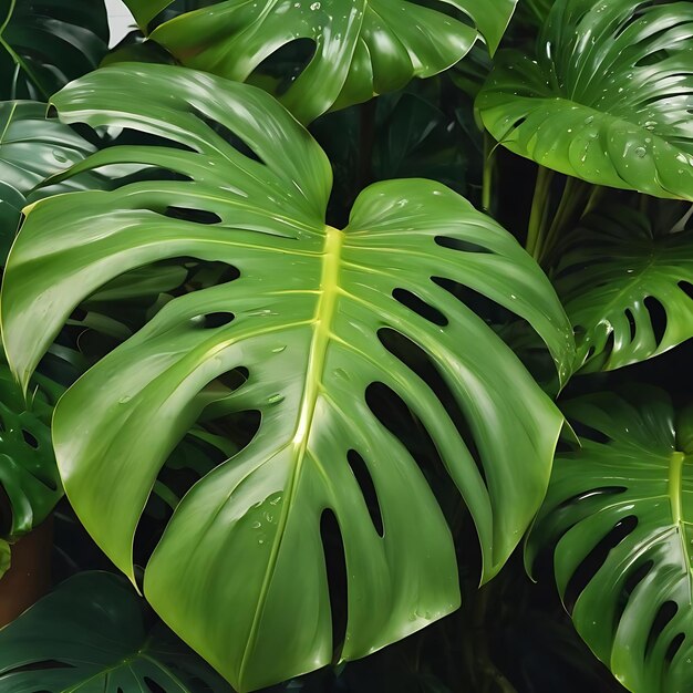 Wet monstera deliciosa plant leaves in a garden