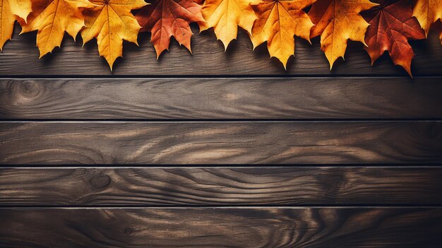 Wet Orange Maple Leaves on Wooden Background Abstract