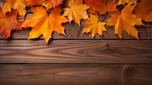 Wet Orange Maple Leaves on Wooden Background Abstract