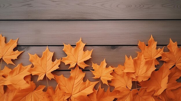 Wet Orange Maple Leaves on Wooden Background Abstract