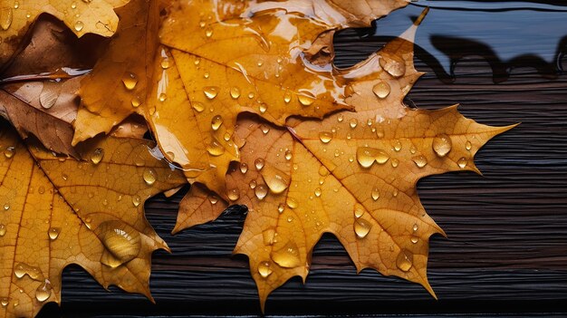 Wet Orange Maple Leaves on Wooden Background Abstract