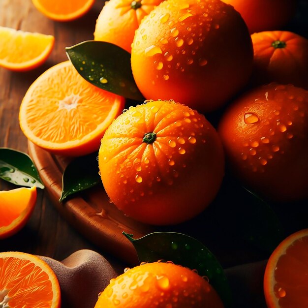 Photo wet oranges in closeup mounted on a plate and with green leaves