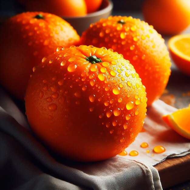 Photo wet oranges in closeup mounted on a plate and with green leaves