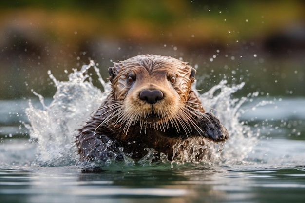 a wet otter is swimming in the water