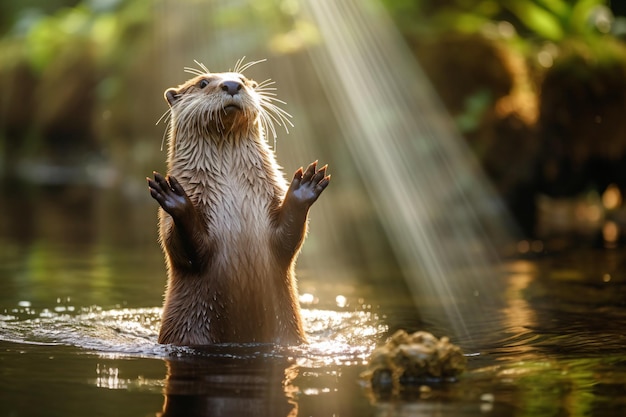 a wet otter standing on its hind legs in the water