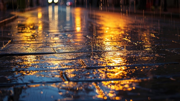 写真 雨が降るにつれて街灯の下で輝く湿った舗装が 都市風景をゆっくりと変えています