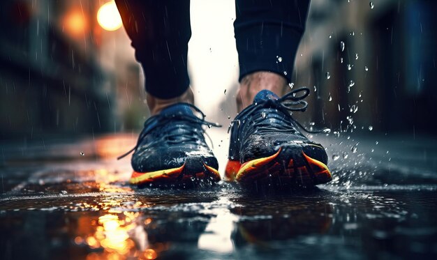 Wet Pavement Perspective CloseUp of Feet in Sports Shoes