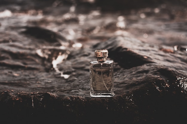 Wet perfume bottle on a stone