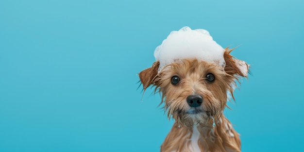 Foto wet puppy dog taking bath with soap bubble foam on head banner