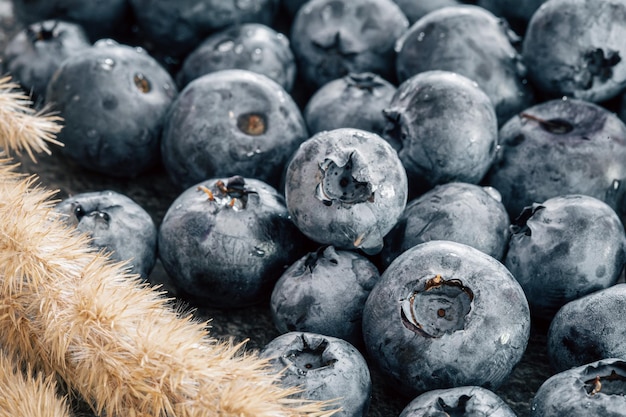 Wet ripe blueberries close up macro shot