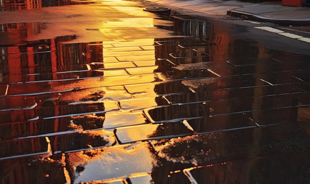 Wet road made of paving stones Road light rain background For banner postcard book illustration