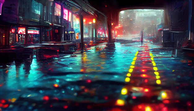 Wet road in rainy street in future cyberpunk city with neon\
lights