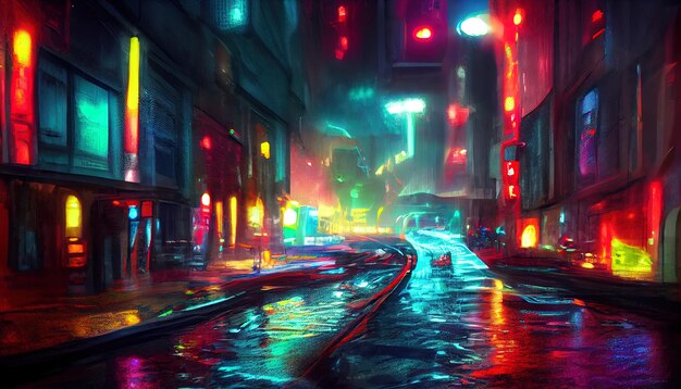 Wet road in rainy street in future cyberpunk city with neon\
lights