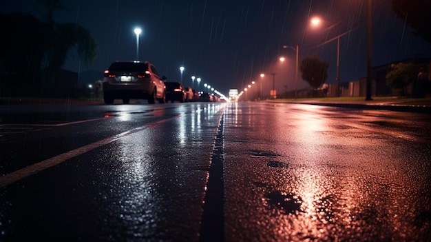 A wet road with some lights on at night Generative AI