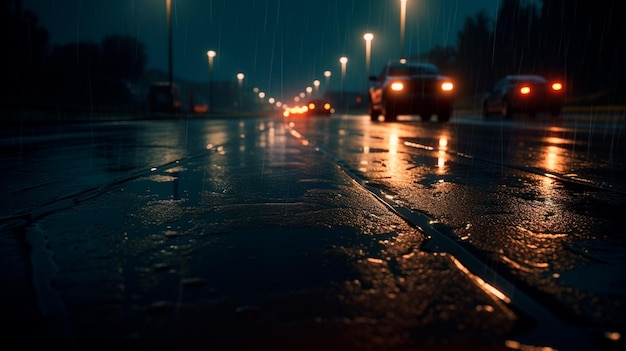 A wet road with some lights on at night Generative AI