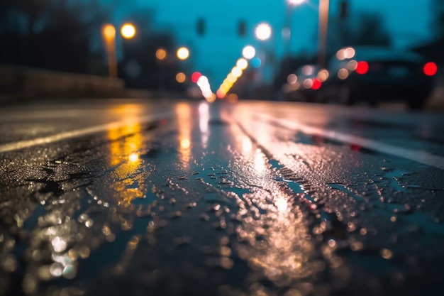 A wet road with a street light and a sign that says " rain ".