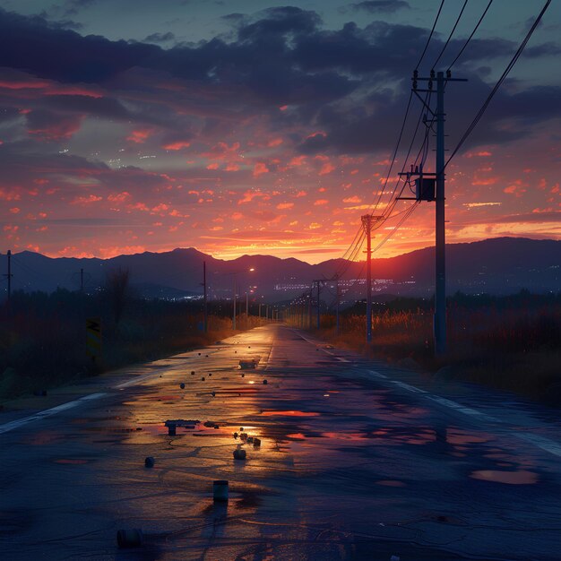 A wet road with a sunset in the background and hills in the distance with telephone poles and