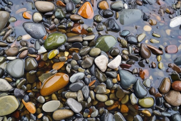 Wet shiny stones on a riverbed